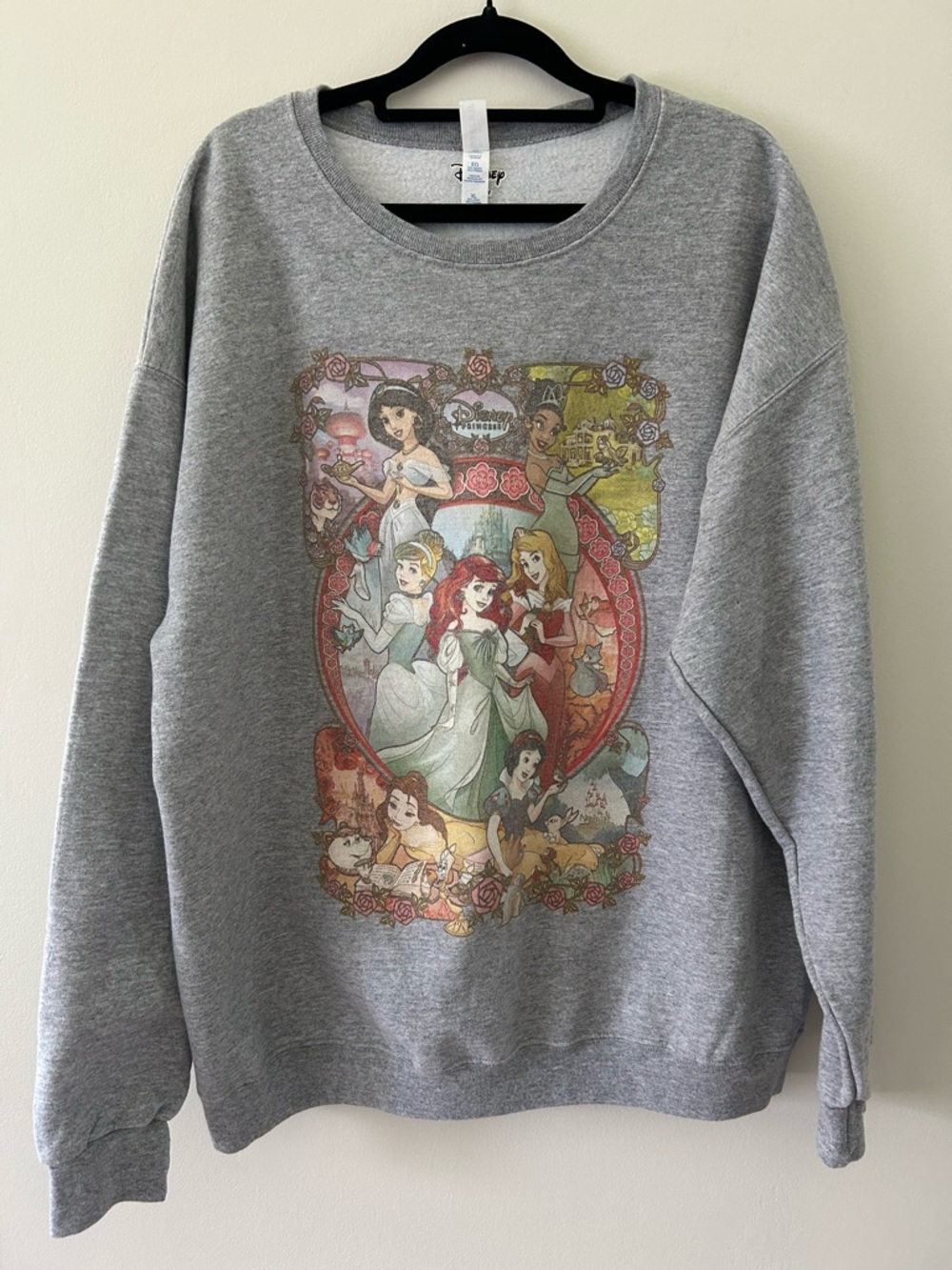 Disney Gray Crewneck Sweatshirt with Multicolor Princess Collage Graphic